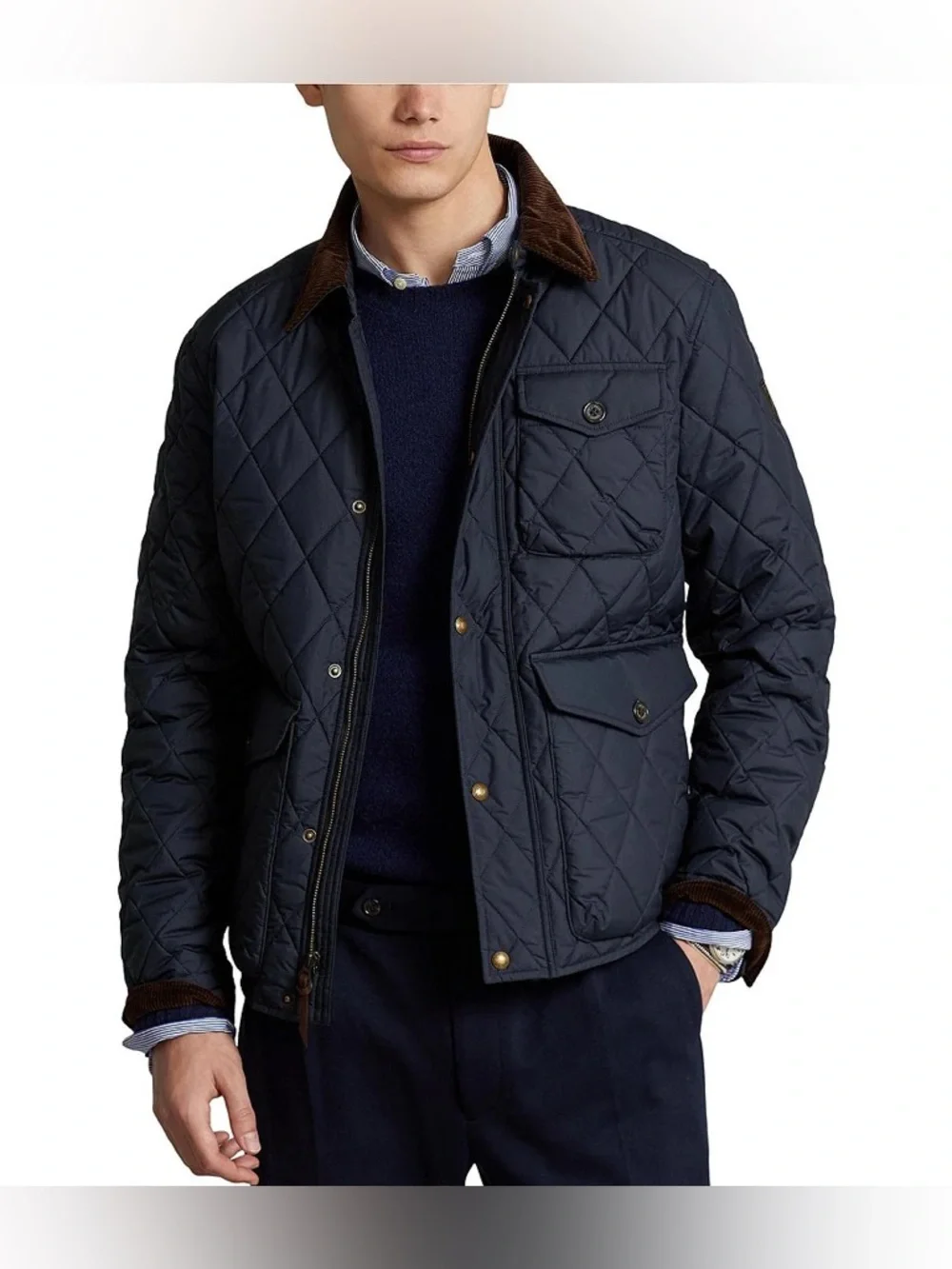 Polo Ralph Lauren Navy Beaton Quilted Field Jacket W/Brown Corduroy Collar Sz XL - Picture 2 of 9